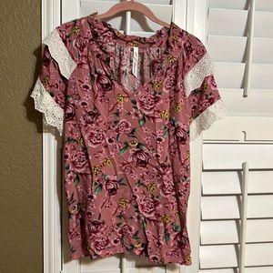 NY Collection Women’s Top Blouse Short Sleeve Pink Floral Size Small